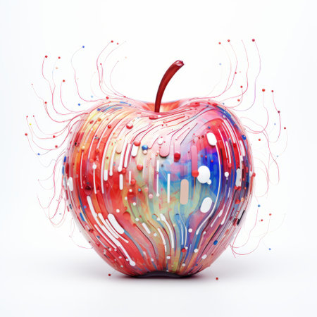 an apple, featuring algorithmic art, is captured in this photo. the apple stands out against a clean white background, showcasing its vibrant colors and intricate patterns. this visually appealing image combines the natural beauty of the fruit with the creativity of algorithmic art. ai generatedの素材