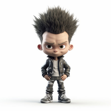 3d henry, a character model, is depicted in a full body shot with a distinctive mohawk hairstyle. the image showcases henry in a 3d format, standing alone against a white background. ai generatedの素材