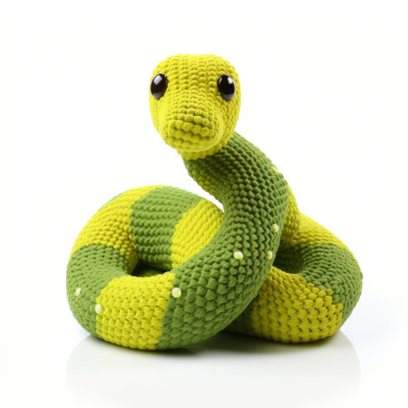 a knitted snake, isolated on a white background. this adorable handmade toy features intricate details and vibrant colors. perfect for children and snake enthusiasts alike, this knitted snake brings a touch of whimsy to any space. add a unique and playful touch to your collection with this charming knitted snake. ai generatedの素材