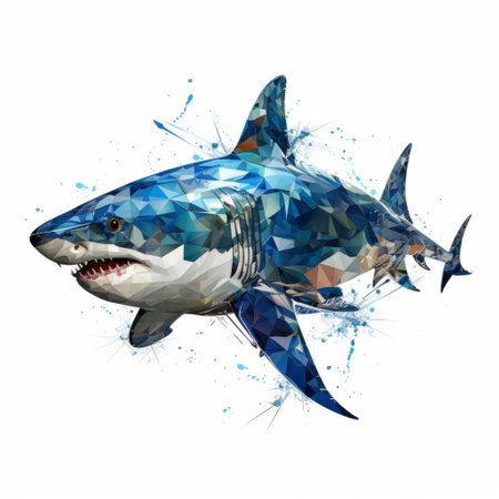 a shark, depicted through algorithmic art, is captured in this image. the artwork showcases the shark's full body, with intricate details and patterns. the shark is isolated on a clean white background, allowing its unique design to stand out. ai generatedの素材
