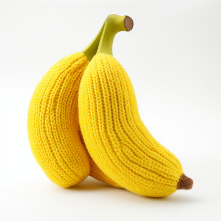 a knitted banana, isolated on a white background. this unique handmade item adds a touch of whimsy to any space. perfect for banana lovers, knitting enthusiasts, or anyone looking for a fun and quirky decor piece. the intricate details and vibrant colors make it a standout accessory. ai generatedの素材