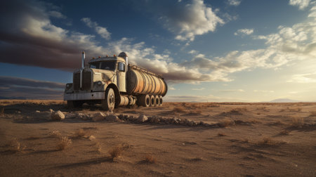 abandoned cement mixer truck on a deserted road, with shattered windows and missing tires. the bleak landscape surrounding it is a barren expanse of scrub brush and sand. the photo captures volumetric lighting and showcases professional photography skills. ai generatedの素材