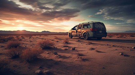 abandoned minivan on deserted road with shattered windows and missing tires. bleak, barren landscape of scrub brush and sand surrounds it. volumetric lighting adds a dramatic touch to this professional photograph. ai generatedの素材