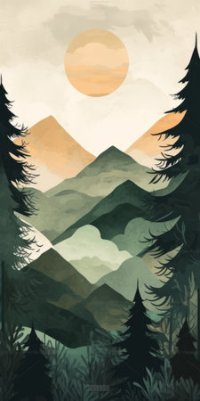 evergreen forest minimalist mountain landscape in boho art style. keywords: evergreen forest, minimalist, mountain landscape, boho art style. ai generatedの素材