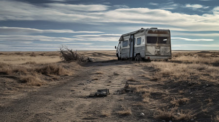abandoned motorhome on deserted road with shattered windows and missing tires. bleak, barren landscape of scrub brush and sand surrounds it. volumetric lighting adds a dramatic touch to this professional photograph. ai generatedの素材