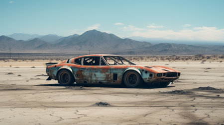 abandoned racing car on a deserted road, with shattered windows and missing tires. the bleak landscape surrounding it is a barren expanse of scrub brush and sand. captured with volumetric lighting, this professional photograph showcases the desolation and decay of the forgotten vehicle. ai generatedの素材