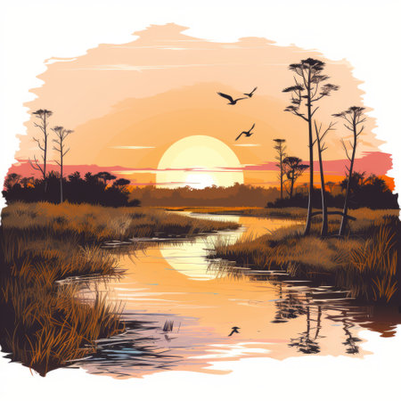 a vintage sunset illuminates a serene swamp in this captivating photo. the vintage design vector graphics add a touch of nostalgia to the scene, while the white background enhances the overall aesthetic. ai generatedの素材