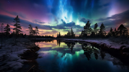 northern lights illuminating a mystical bog, captured in a mesmerizing professional photograph. this award-winning image showcases the ethereal beauty of the natural phenomenon, merging vibrant colors, and serene landscapes. ai generatedの素材