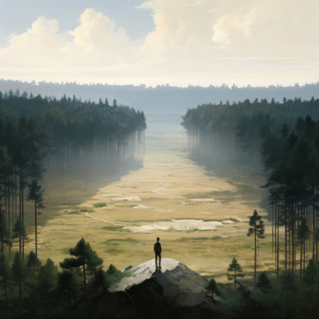 a photo capturing the sense of scale as people appear tiny amidst extremely tall coniferous trees. this artwork, created by xenixx, krenz cushart, and plein air plateau, showcases monumental vistas and a low depth of field. the dusty piles and the influence of artist romaine brooks add to the overall composition. this photo was commissioned for a specific purpose. ai generatedの素材