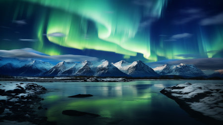 the photo captures the mesmerizing hinterland of the northern lights in the sky. this professional, award-winning photo showcases the breathtaking beauty of the natural phenomenon. ai generatedの素材