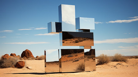 a metal sculpture of suprematism stands tall in the desert, reflecting on its existence. the abstract artwork captures the essence of suprematism, merging geometric shapes and vibrant colors. this unique sculpture adds a touch of modernity to the barren landscape, creating a thought-provoking contrast between art and nature. ai generatedの素材