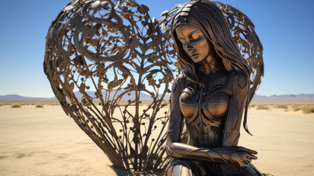 a metal sculpture of gothic art stands tall in the desert, reflecting on her existence. the intricate details and dark aesthetic of the sculpture capture the essence of gothic art, while the barren desert landscape adds a sense of solitude and contemplation. ai generatedの素材
