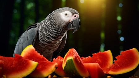 african grey parrots in the wild showcasing their dietary habits and feeding behavior. this captivating photo, captured with a canon m50, offers a glimpse into the natural feeding patterns of these intelligent birds. witness their foraging skills and observe their preferred food choices as they navigate their natural habitat. ai generatedの素材