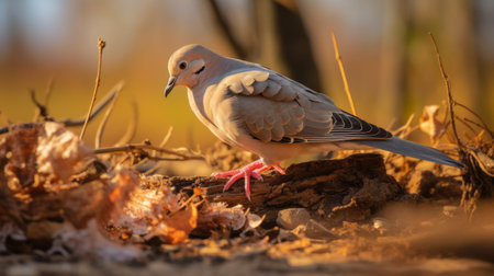 the mourning dove, captured in stunning detail with the canon m50, showcases its natural dietary habits and feeding behavior in the wild. this photo captures the dove's graceful presence as it forages for seeds and grains, highlighting its role as an important seed disperser. witness the beauty and intricacies of nature through this captivating image. ai generatedの素材