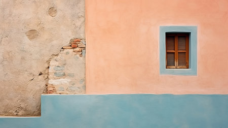 greek architecture photo featuring a weathered wall with a window. this spanish greek architecture showcases a rough texture reminiscent of baroque design, while also embodying elements of simple minimalism. the composition evokes a franco fontana aesthetic with hints of edward hopper style. ai generatedの素材