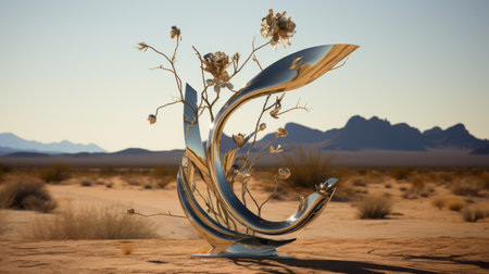 a metal sculpture of ikebana, a traditional japanese art of flower arrangement, stands gracefully in the desert landscape. the sculpture reflects on the essence of her existence, blending art and nature harmoniously. ai generatedの素材