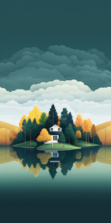 aerial view of a house nestled in a serene forest, overlooking a tranquil lake. this minimalist artistic illustration captures the beauty of nature and the peacefulness of the surroundings. forest house, lake view, aerial illustration, minimalist art, serene ambiance. ai generatedの素材