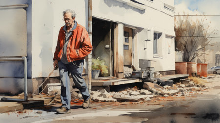 dennis, a man, is captured in a watercolor painting as he walks gracefully on the sidewalk. the vibrant colors and delicate brushstrokes bring the scene to life, showcasing the artist's skill and attention to detail. this artwork beautifully portrays the simple yet captivating act of walking, making it a captivating piece for art enthusiasts and collectors alike. ai generatedの素材