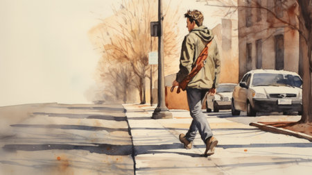jeremy, a man with a backpack, strolling along the vibrant sidewalk in a picturesque watercolor painting. ai generatedの素材