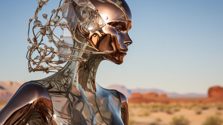 a metal sculpture of glass art stands tall in the desert, reflecting the beauty of her surroundings. the intricate design and craftsmanship of the sculpture capture the essence of her being, creating a mesmerizing visual experience. ai generatedの素材
