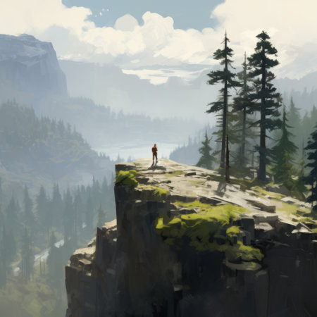 a photo capturing the sense of scale as people appear tiny amidst monumental vistas and extremely tall coniferous trees. this stunning image, taken by xenixx and krenz cushart in a plein air fjord setting, showcases the low depth of field and dusty piles, creating a captivating composition. commissioned by romaine brooks. ai generatedの素材