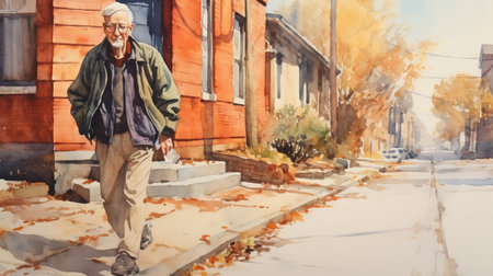 roger, a man, is captured in a watercolor painting as he walks gracefully on the sidewalk. the vibrant colors and delicate brushstrokes bring life to the scene, showcasing roger's movement and the beauty of the surroundings. ai generatedの素材