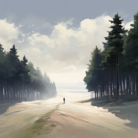 a photo capturing the sense of scale as people appear tiny in front of monumental vistas and extremely tall coniferous trees. this plein air dune scene by xenixx and krenz cushart showcases a low depth of field, with dusty piles adding to the atmosphere. commissioned by romaine brooks. ai generatedの素材