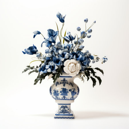 artificial flower arrangement of a vintage delft tile on a white background, showcasing shades of blue and creamy white. ai generatedの素材