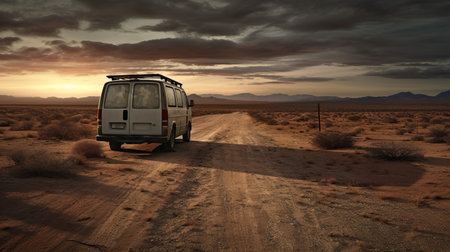 abandoned delivery van on a deserted road, with shattered windows and missing tires. the bleak landscape surrounding it is a barren expanse of scrub brush and sand. captured with volumetric lighting, this professional photograph showcases the desolation and isolation of the scene. ai generatedの素材