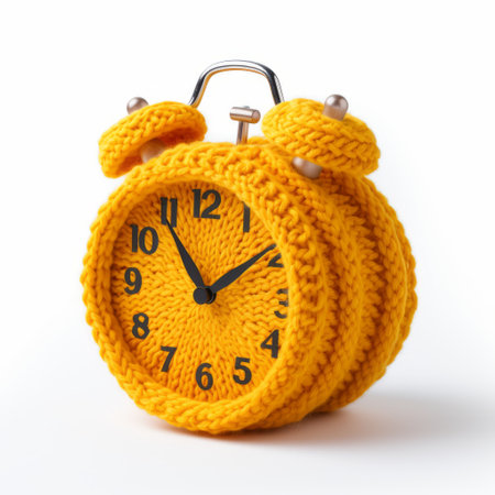a knitted alarm clock, isolated on a white background. this unique and cozy accessory adds a touch of warmth and charm to any space. the intricate knitting pattern and vibrant colors make it a delightful addition to your home decor. perfect for those who appreciate both style and functionality in their alarm clocks. ai generatedの素材