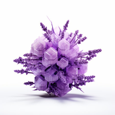 a lavender dodecahedron, a geometric shape with twelve faces, is showcased on a white isolated background. this visually striking photo captures the beauty and symmetry of the lavender-colored object, creating an intriguing contrast against the clean white backdrop. ai generatedの素材