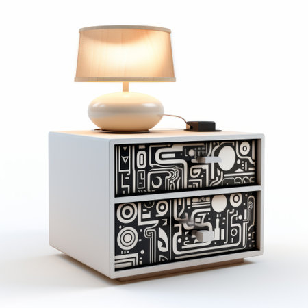 a nightstand, featuring algorithmic art, is captured in this photo. the nightstand is showcased against a clean white background, emphasizing its intricate design. this visually striking piece combines technology and creativity, making it a unique addition to any space. ai generatedの素材