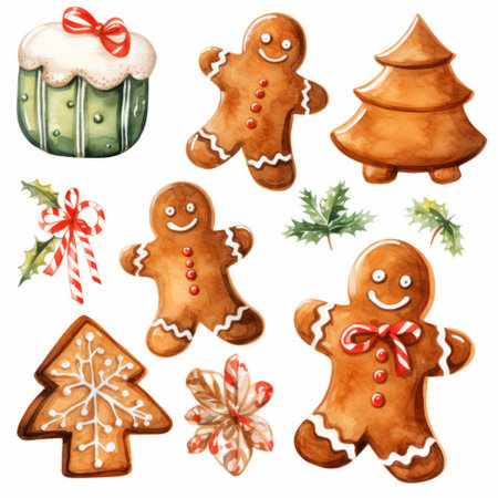 gingerbread cookies watercolor clipart featuring delicious holiday treats. these hand-painted illustrations showcase a variety of gingerbread cookies, beautifully rendered in vibrant watercolor. perfect for adding a festive touch to your designs, crafts, and digital projects. ai generatedの素材