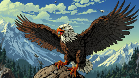 an animated image of a powerful eagle with bone spikes protruding from its physique. the eagle is depicted in a cartoon style, reminiscent of the baroque madness and devilcore aesthetics of the 1980s. the scene is set on the edge of a sheer cliff atop a high mountain, evoking a sense of action-packed cartoons and dungeons & dragons. ai generatedの素材