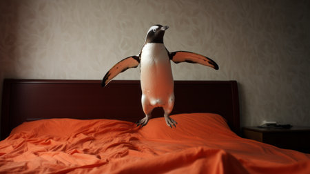 a playful penguin jumps on colorful bed sheets, creating a delightful scene. this adorable penguin adds a touch of joy and whimsy to any bedroom decor. with its vibrant colors and lively energy, this photo captures the essence of fun and happiness. ai generatedの素材