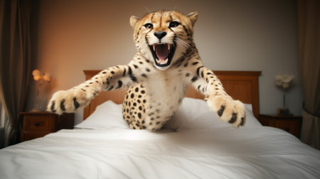 a cheetah captured mid-air, leaping gracefully onto a bed covered in vibrant sheets. this stunning photo showcases the cheetah's agility and power as it effortlessly navigates through the air. the combination of the cheetah, jump, and bed sheets creates a visually captivating image that highlights the cheetah's natural beauty and athleticism. ai generatedの素材