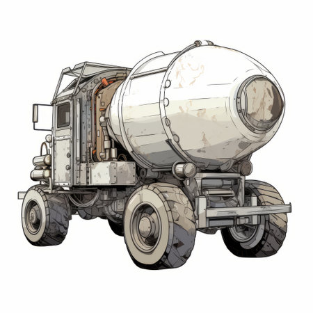 post-apocalyptic cement mixer truck illustration on a white background. apocalypse, cement mixer, truck, illustration, white background. ai generatedの素材