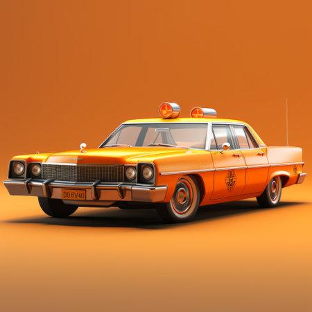 an orange and orange cartoon police car, inspired by resident evil, showcased in a vibrant 3d cgi art format. the car stands out against the striking orange background, creating a visually captivating scene. ai generatedの素材