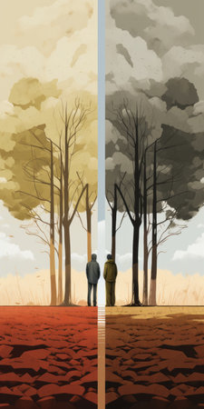 the illustration showcases a field with eucalyptus trees, featuring a striking contrast of chiaroscuro. the drawing, created in a careless and angular style, is divided into large squares. it is meticulously crafted using pencil and colored with vibrant hues. this high-resolution artwork is available in 8k resolution. ai generatedの素材