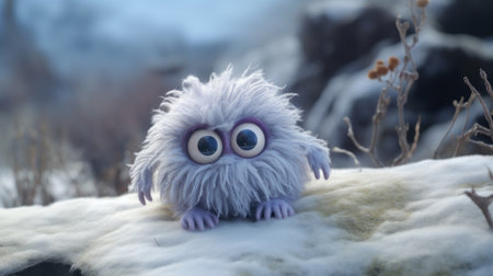 a tundra landscape is captured in this 4k photo, featuring a felt stop-motion monster. the image showcases a shallow depth of field, low saturation, and a full body view of the creature. ai generatedの素材