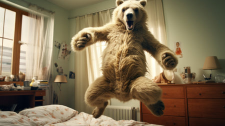 a bear playfully jumps on a bed covered in colorful sheets, showcasing its agility and curiosity. this adorable scene captures the bear's joyful spirit as it explores its surroundings, creating a delightful and captivating image. ai generatedの素材