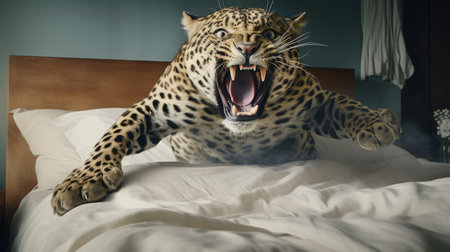 a jaguar gracefully leaps through the air, captured mid-jump on a bed covered in luxurious sheets. this stunning photo showcases the jaguar's power and agility, as well as the softness and comfort of the bed sheets. witness the wild beauty of this majestic creature in action. ai generatedの素材