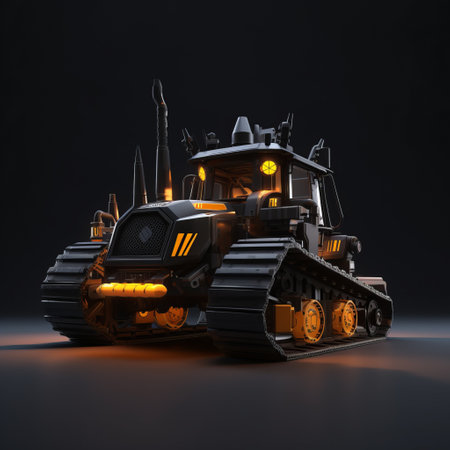 a black cartoon bulldozer, inspired by the fallout series, is depicted in this 3d cgi artwork. the bulldozer stands out against a black background, creating a visually striking contrast. this unique piece showcases the fusion of a classic construction vehicle with a post-apocalyptic aesthetic, capturing the essence of the fallout universe. ai generatedの素材