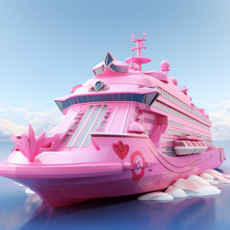 a pink cartoon ferry inspired by assassin's creed, depicted in 3d cgi art, stands out against a vibrant pink background. this eye-catching image showcases the playful and unique design of the ferry, merging elements of the popular video game franchise with a whimsical aesthetic. ai generatedの素材