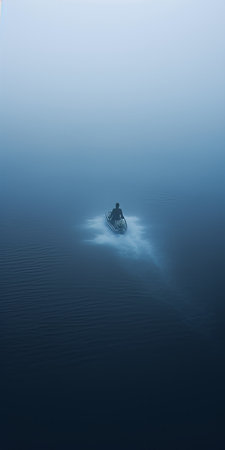 a small jet ski gets engulfed in a vast stream of fog, creating an absurd and minimalist scene. in the distance, a mysterious figure emerges, blowing a foghorn. the deep depth of field and close-up perspective add to the intrigue of this captivating photo. ai generatedの素材