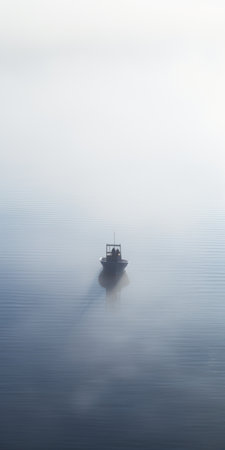 a minimalist workspace is depicted in this photo, with a small speedboat navigating through a vast creek engulfed in fog. in the distance, a mysterious figure emerges, blowing a foghorn. the image showcases deep depth of field and a close-up perspective. ai generatedの素材