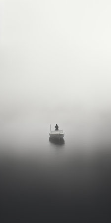a minimalist workspace is depicted in this photo, with a small speedboat navigating through a vast creek engulfed in fog. in the distance, a mysterious figure emerges, blowing a foghorn. the image showcases deep depth of field and a close-up perspective. ai generatedの素材