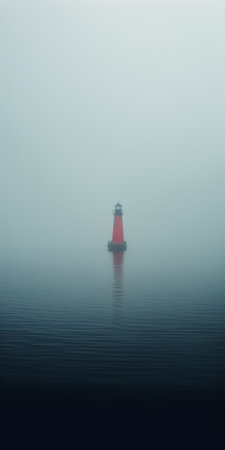 a small barge, engulfed in a vast inlet of fog, captures the essence of metaphysical minimalist fashion. in the distance, a mysterious figure emerges, blowing a haunting foghorn. this close-up shot with deep depth of field evokes an enigmatic atmosphere. ai generatedの素材