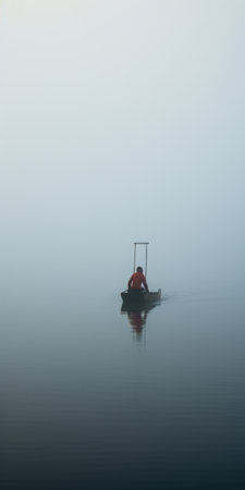 a small gondola floats amidst a vast river of fog, creating a transcendent minimalist scene. in the distance, a mysterious figure emerges, blowing a foghorn. the deep depth of field and close-up perspective enhance the ethereal atmosphere of this captivating photograph. ai generatedの素材