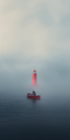 minimalist art photo featuring a small lifeboat adrift in a vast fog-covered ocean. a mysterious figure emerges in the distance, blowing a foghorn. the image showcases deep depth of field and a captivating close-up perspective. ai generatedの素材